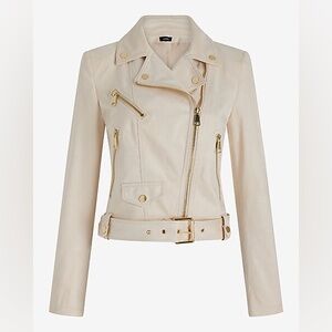 Express cream faux suede moto jacket with gold hardware